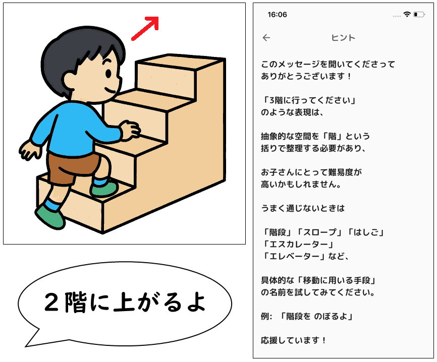 『～階』という表現を用いた場合のヒント画面と、階段を上る男の子のイラスト